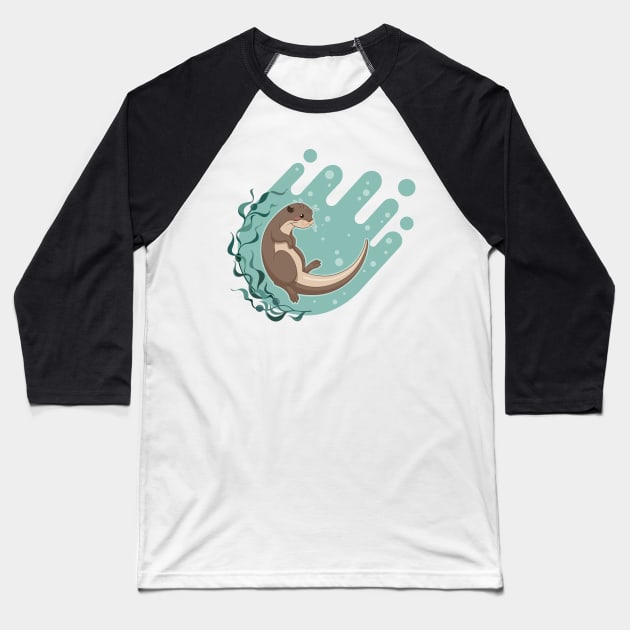 Sea otter floating on water with kelp forest vector illustration Baseball T-Shirt by tomodaging